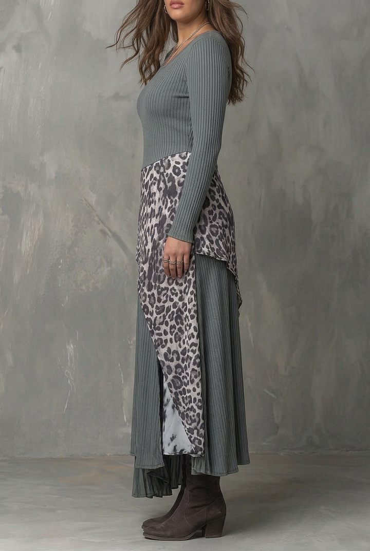 Grijze Pit Stripe Luipaardprint Splicing Asymmetrische Zoom Maxi Jurk