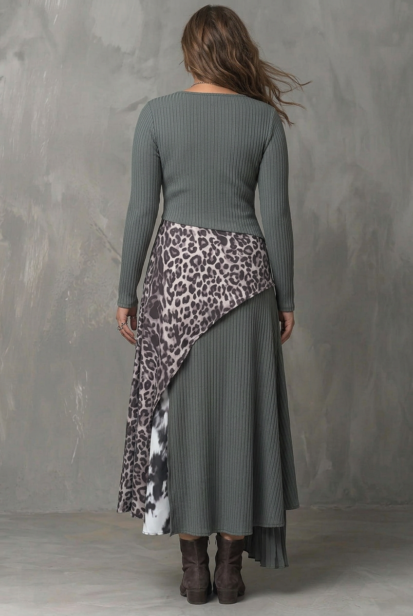 Grijze Pit Stripe Luipaardprint Splicing Asymmetrische Zoom Maxi Jurk