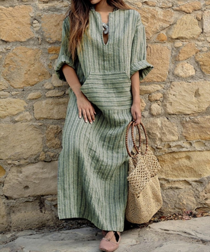 Hailey┃Casual lange jurk met vintage strepen en V-hals