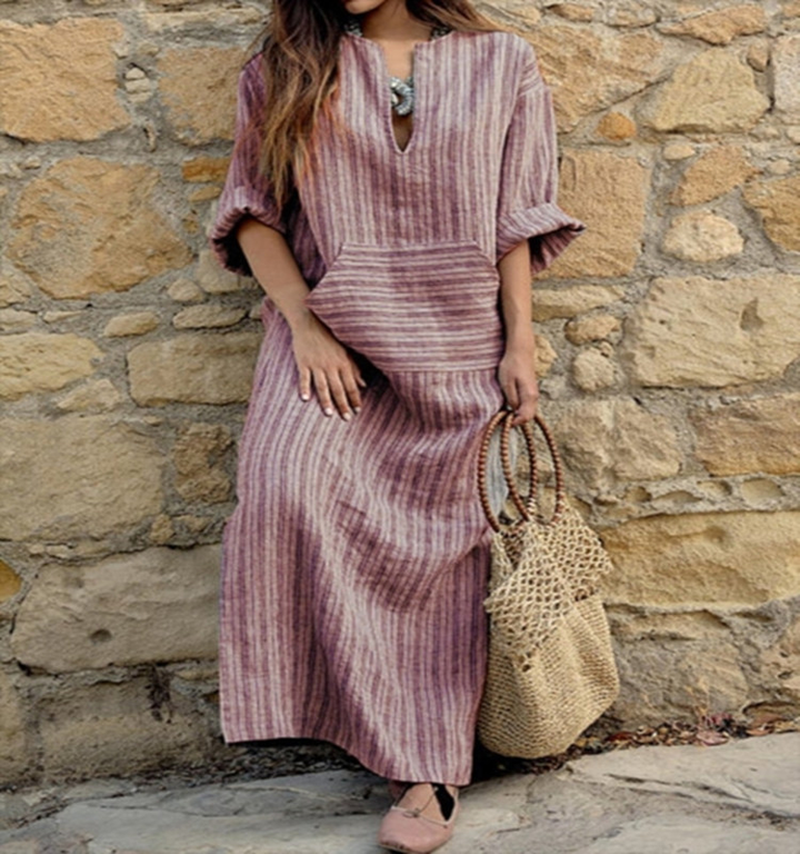 Hailey┃Casual lange jurk met vintage strepen en V-hals