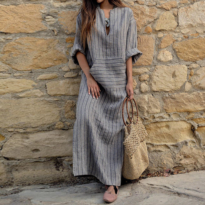 Hailey┃Casual lange jurk met vintage strepen en V-hals