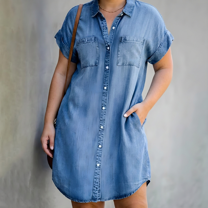 Lavinia | Dames Denim Korte Mouwen Knop-Up Shirt Jurk