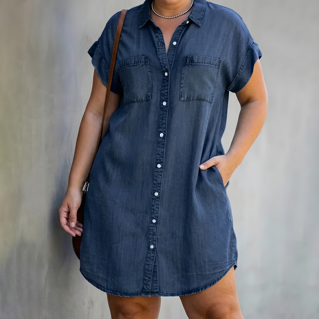 Lavinia | Dames Denim Korte Mouwen Knop-Up Shirt Jurk