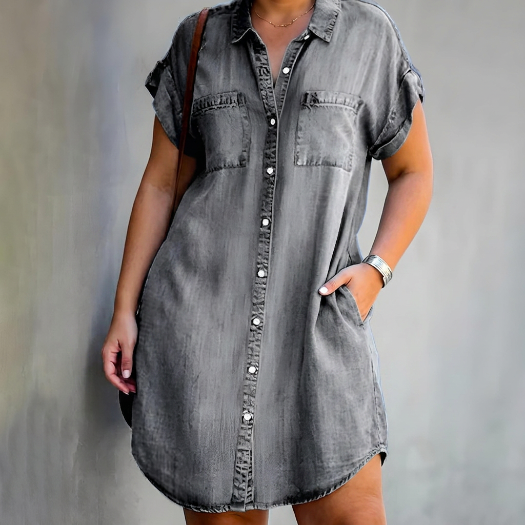 Lavinia | Dames Denim Korte Mouwen Knop-Up Shirt Jurk