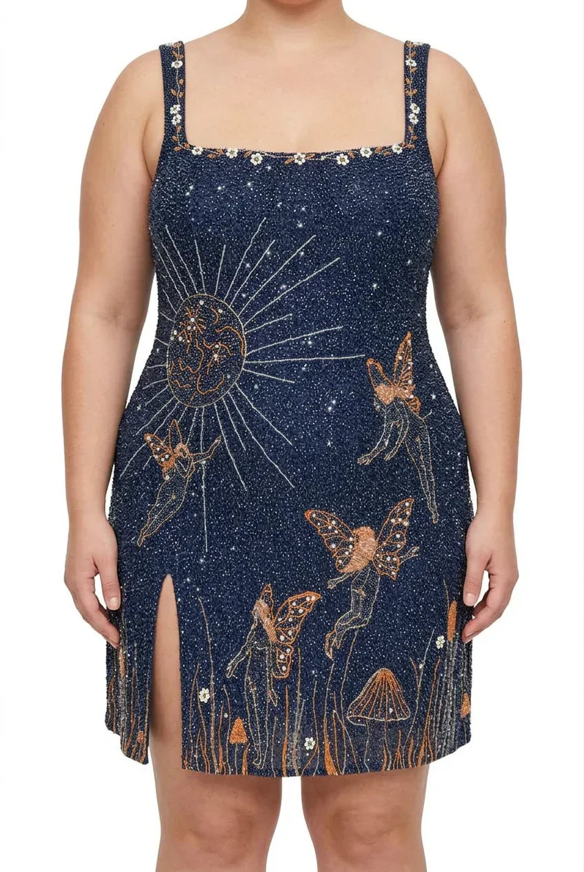 Eira – Middernachtblauwe Bead Mini Jurk