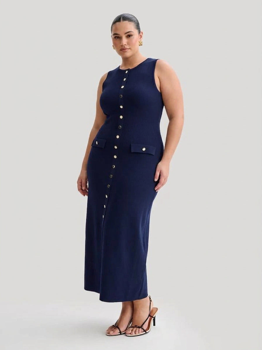Quinn – Elegante Mouwloze Knopen Bodycon Brei Maxi Jurk