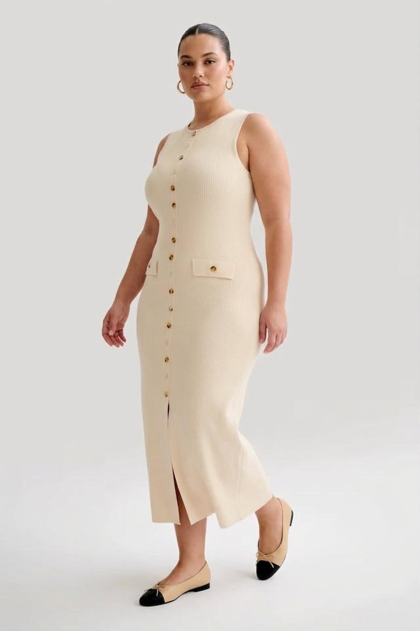 Quinn – Elegante Mouwloze Knopen Bodycon Brei Maxi Jurk