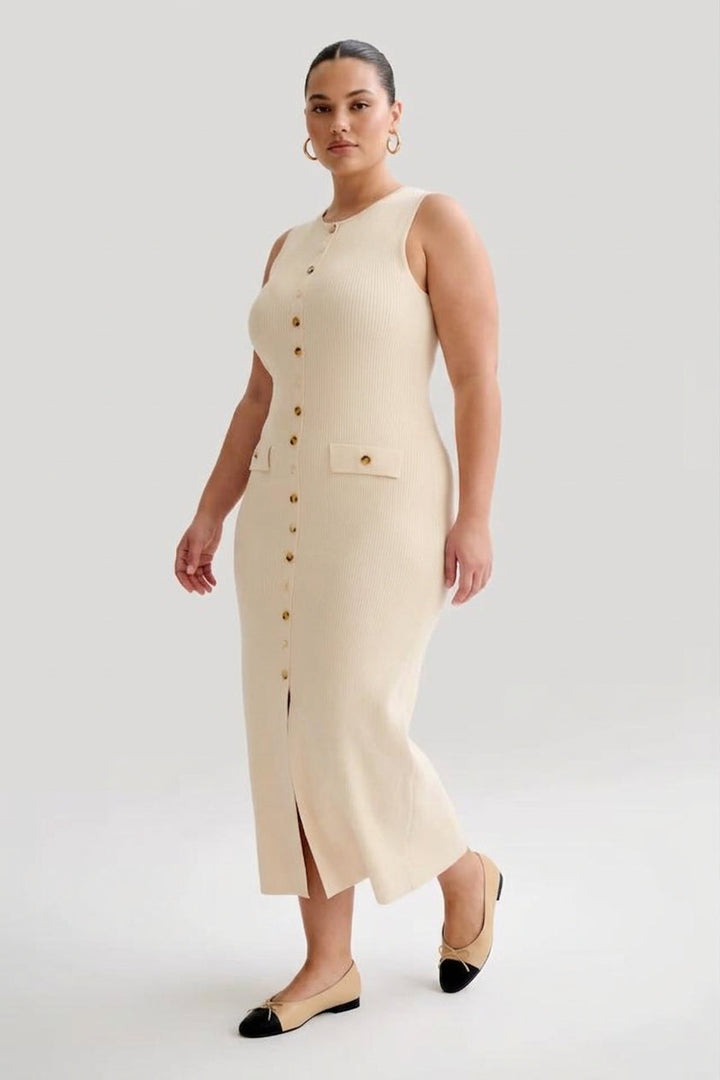 Quinn – Elegante Mouwloze Knopen Bodycon Brei Maxi Jurk