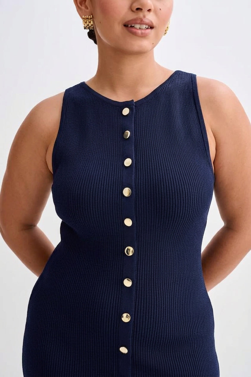 Quinn – Elegante Mouwloze Knopen Bodycon Brei Maxi Jurk