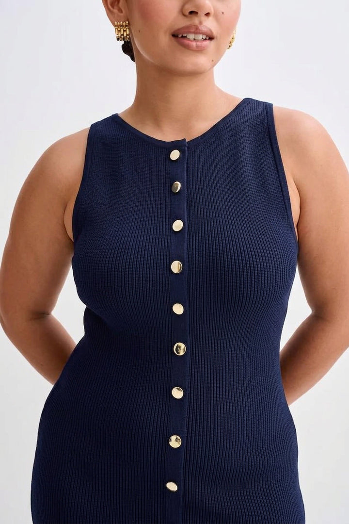 Quinn – Elegante Mouwloze Knopen Bodycon Brei Maxi Jurk