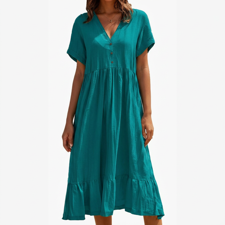 Ilse | V-Hals Knop-Front Gelaagde Midi Jurk