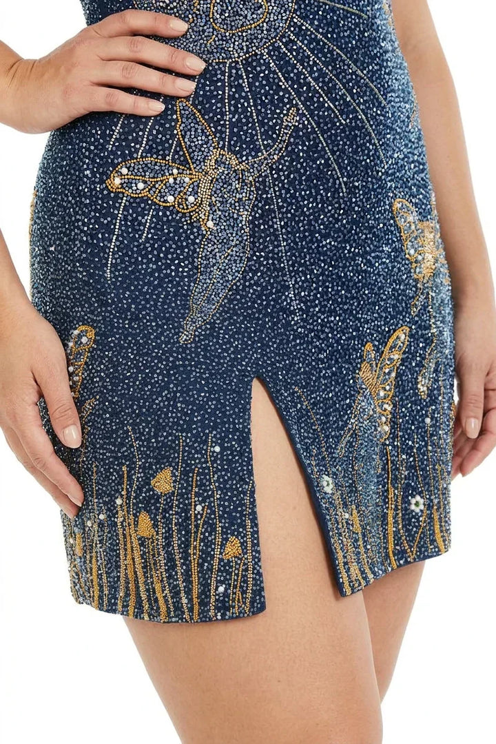 Eira – Middernachtblauwe Bead Mini Jurk