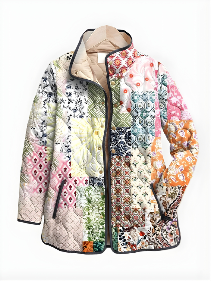 Dames Gewatteerde Jas met Bloemenprint en Rits Sluiting