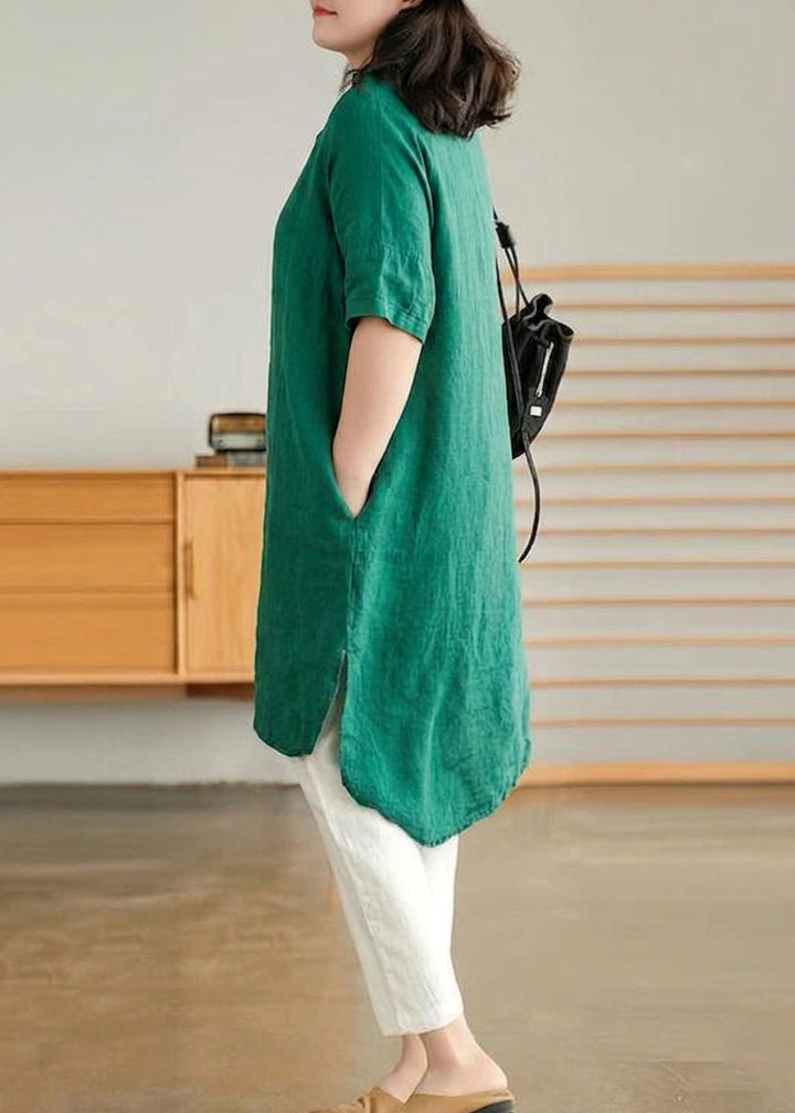 Sabine - Jade Groene Linnen Vrouwen Casual Linnen Shirt Jurk