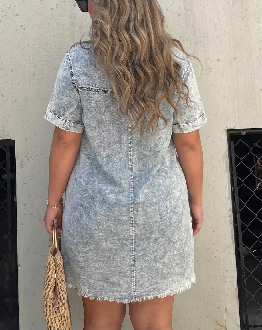 Nadia | Dames Linnen Kraag Knop-Front Korte Mouw Mini Jurk