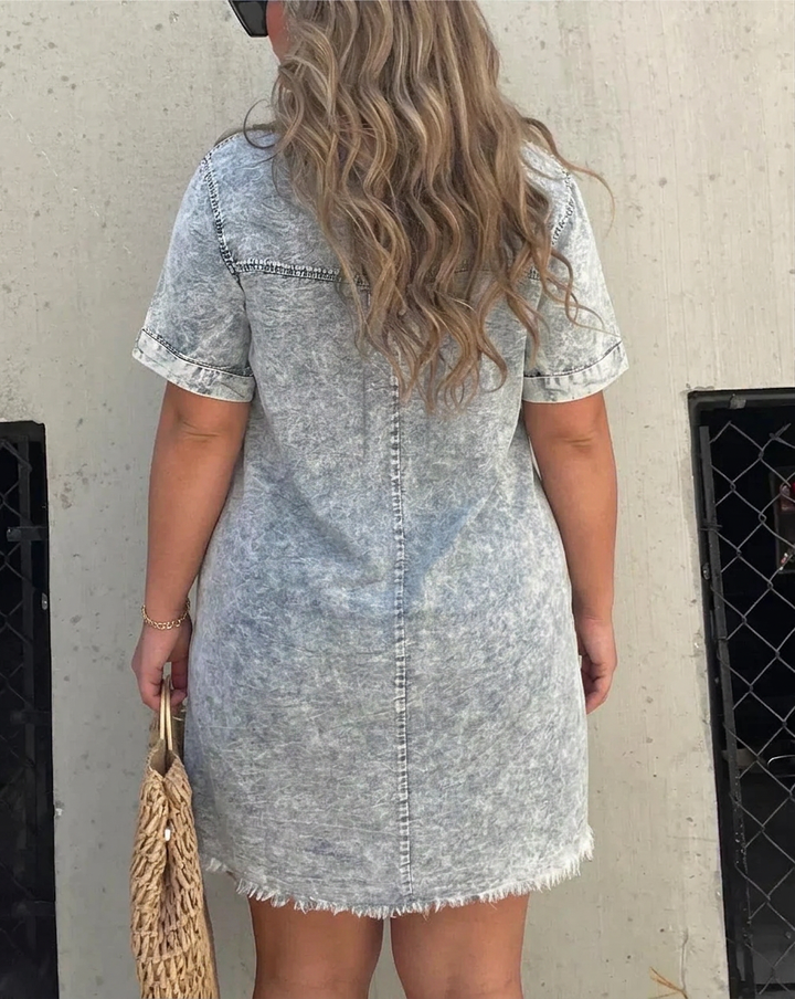 Nadia | Dames Linnen Kraag Knop-Front Korte Mouw Mini Jurk