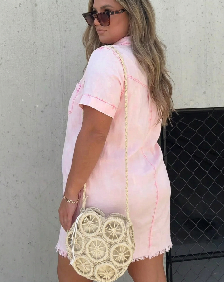 Nadia | Dames Linnen Kraag Knop-Front Korte Mouw Mini Jurk