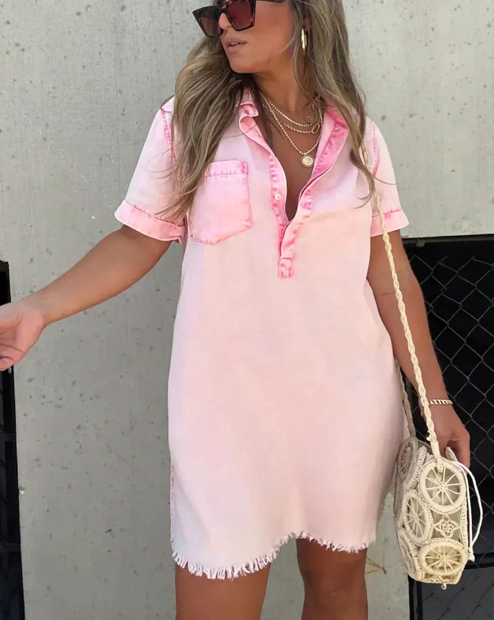 Nadia | Dames Linnen Kraag Knop-Front Korte Mouw Mini Jurk