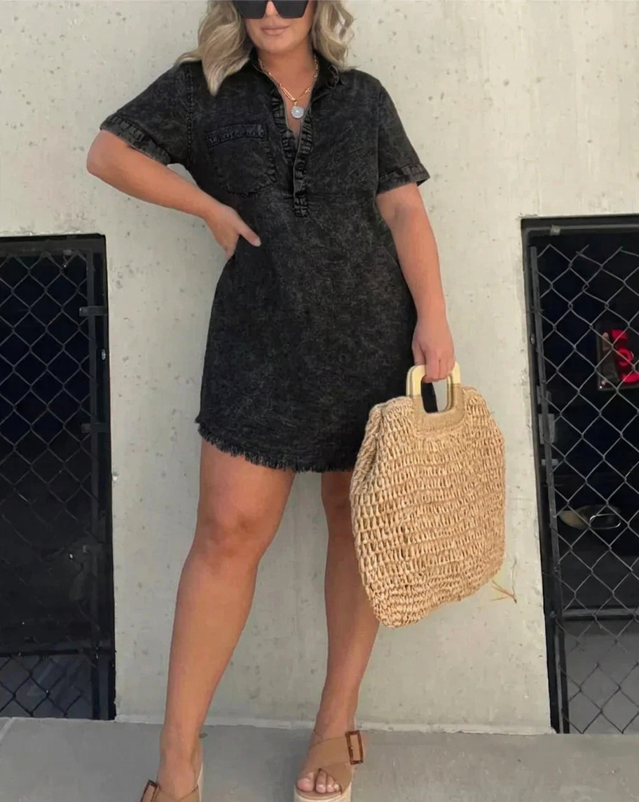 Nadia | Dames Linnen Kraag Knop-Front Korte Mouw Mini Jurk