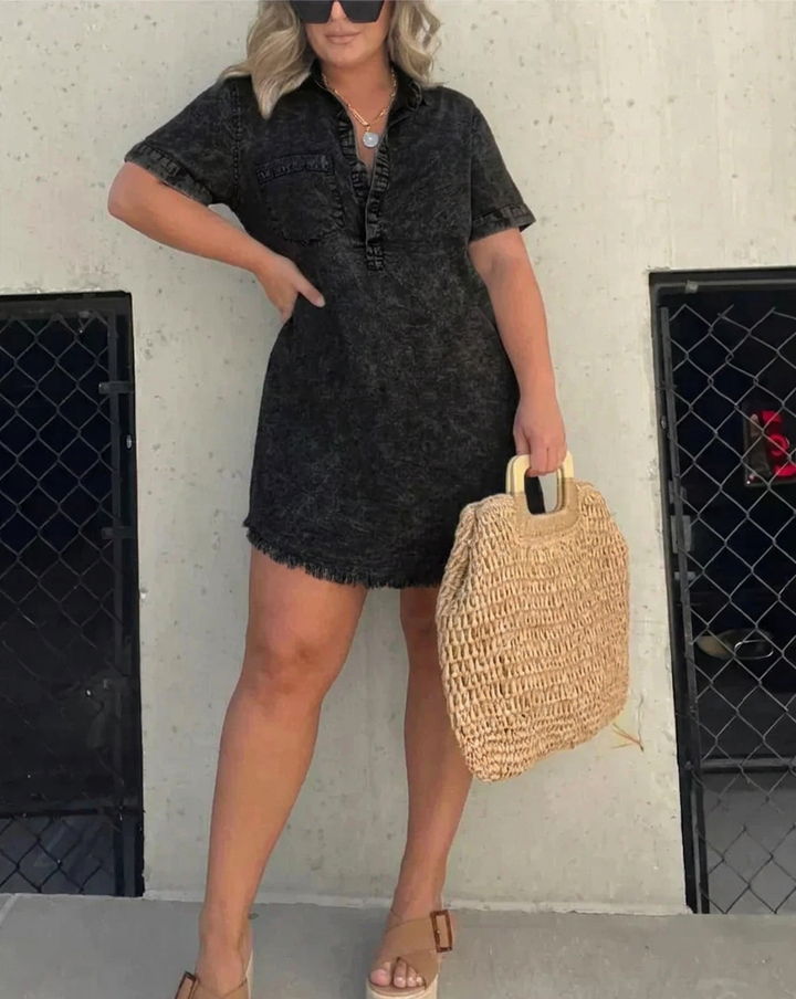 Nadia | Dames Linnen Kraag Knop-Front Korte Mouw Mini Jurk