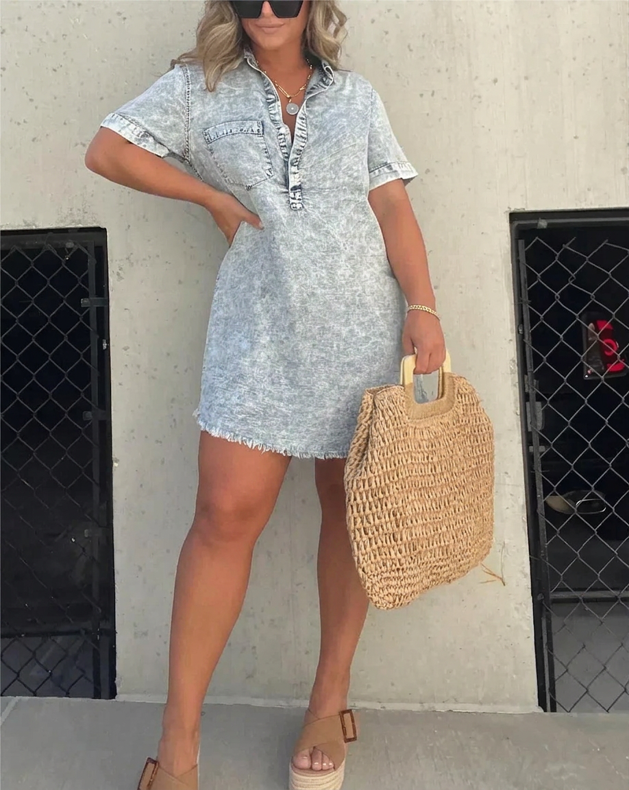 Nadia | Dames Linnen Kraag Knop-Front Korte Mouw Mini Jurk
