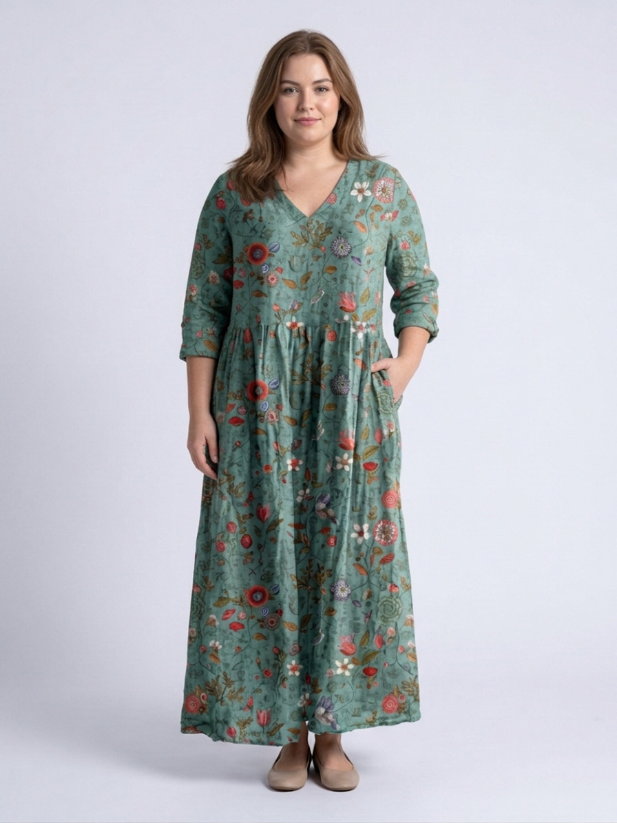 Eira | Bloemen V-hals Maxi-jurk met Driekwart Mouwen