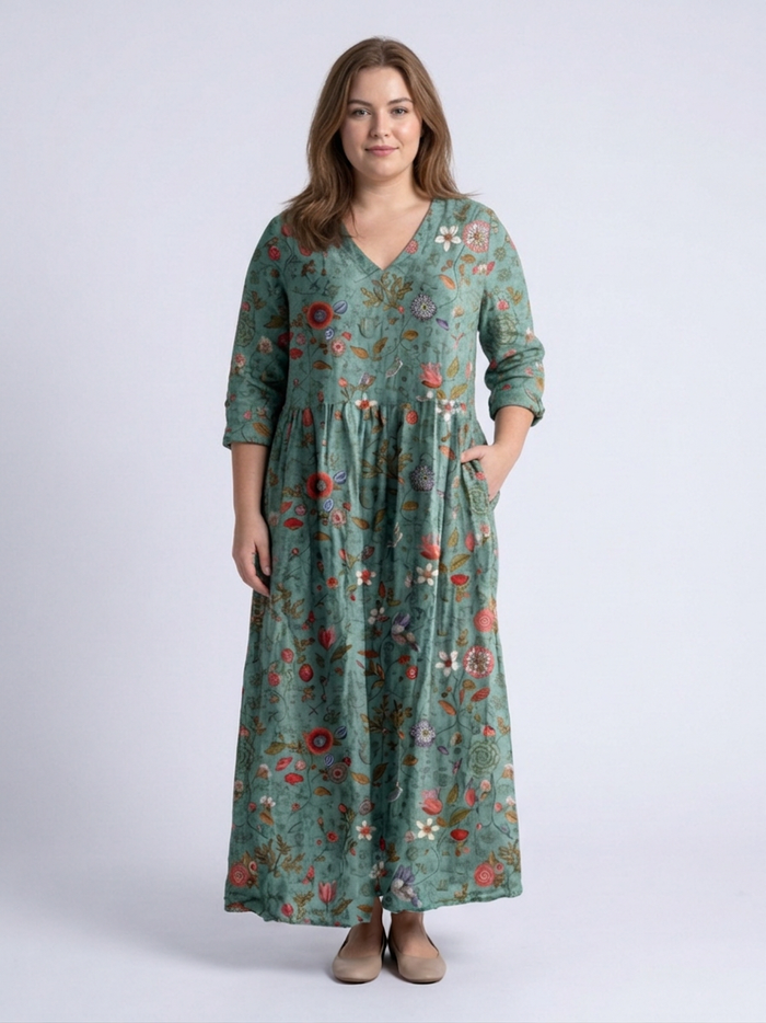 Eira | Bloemen V-hals Maxi-jurk met Driekwart Mouwen
