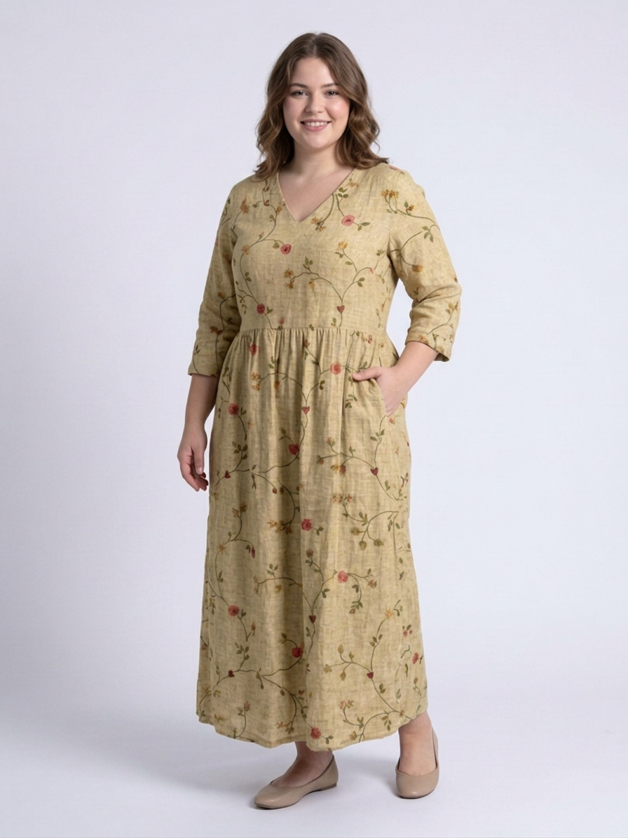 Eira | Bloemen V-hals Maxi-jurk met Driekwart Mouwen