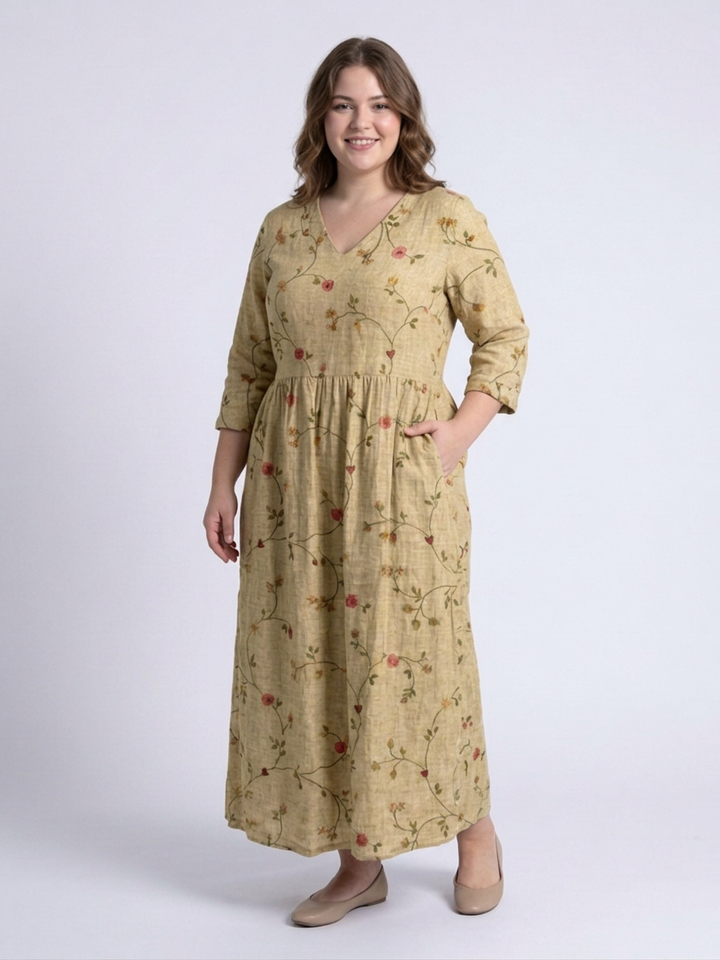Eira | Bloemen V-hals Maxi-jurk met Driekwart Mouwen