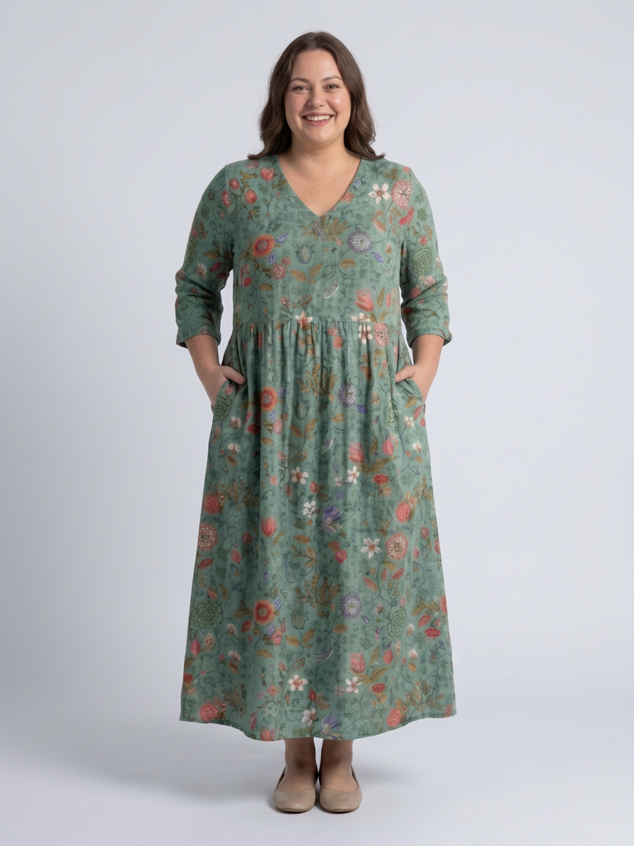 Eira | Bloemen V-hals Maxi-jurk met Driekwart Mouwen