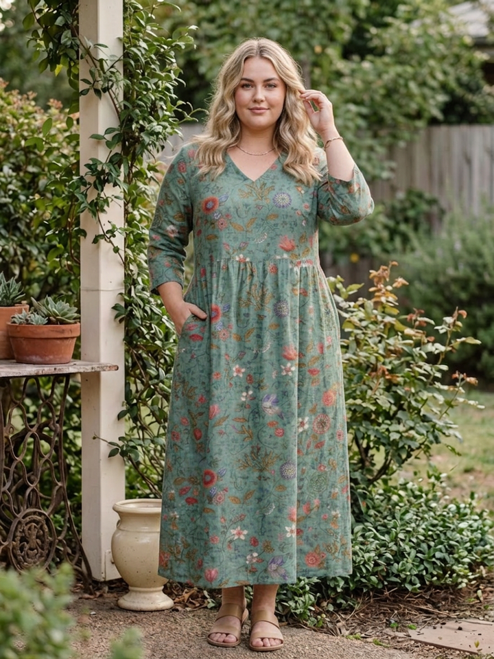 Eira | Bloemen V-hals Maxi-jurk met Driekwart Mouwen