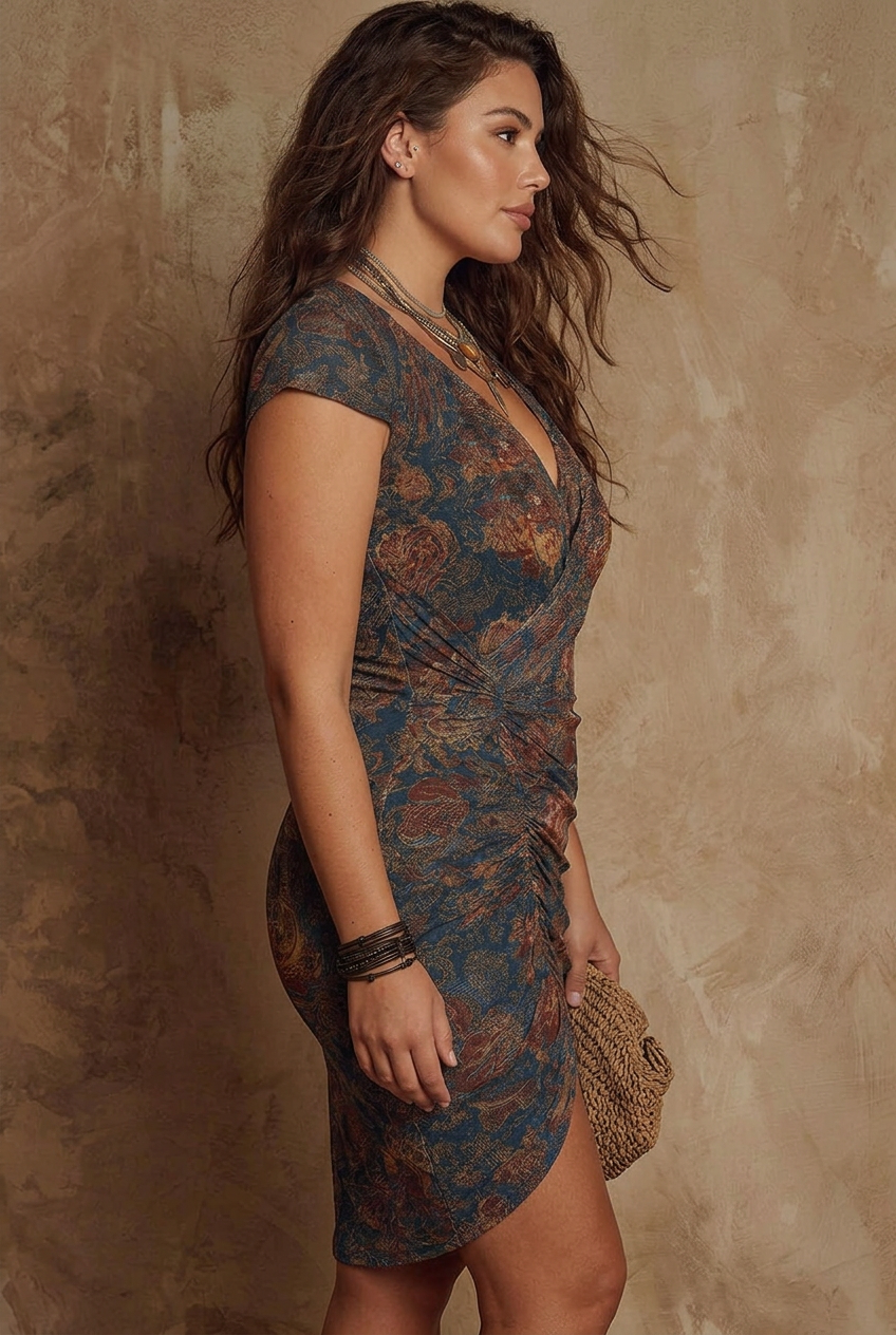 Laisa | Donkerblauwe Paisley Print V-Hals Mini Jurk
