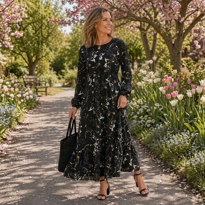 Lior | Lange Mouwen Bloemen Tiered Maxi Jurk
