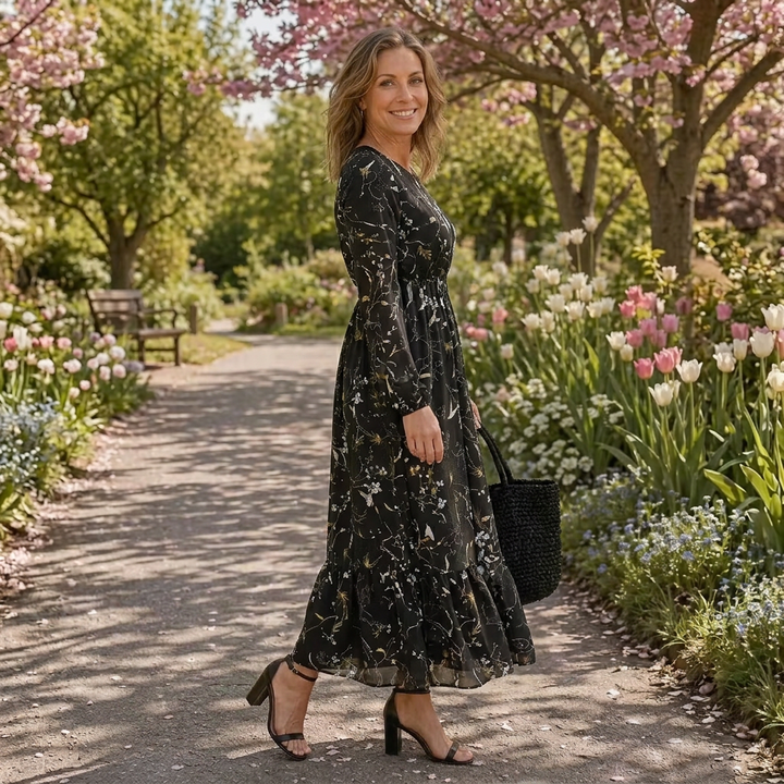 Lior | Lange Mouwen Bloemen Tiered Maxi Jurk