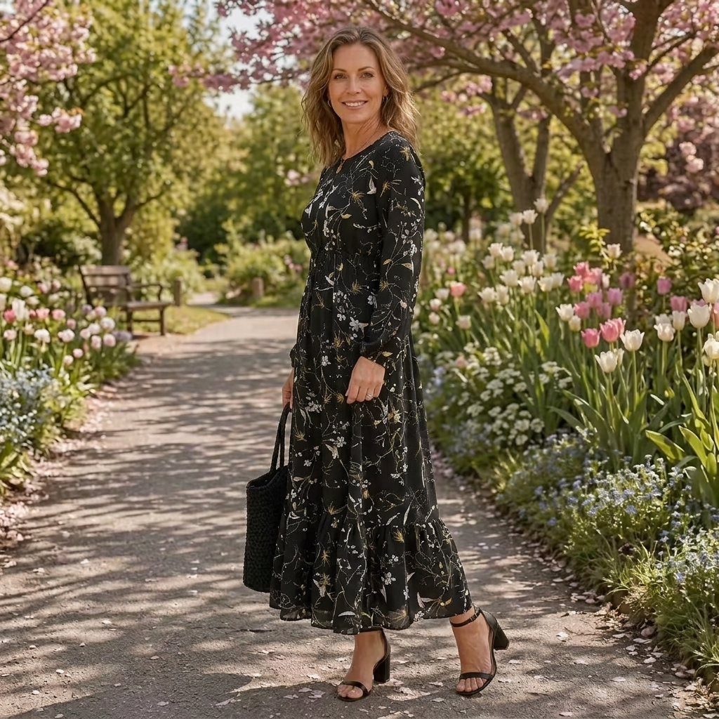 Lior | Lange Mouwen Bloemen Tiered Maxi Jurk