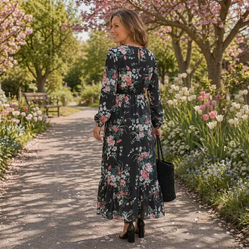 Lior | Lange Mouwen Bloemen Tiered Maxi Jurk