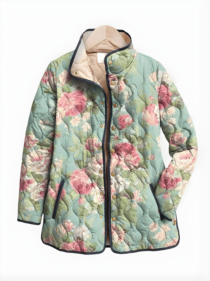 Dames Gewatteerde Jas met Retro Bloemenprint en Rits