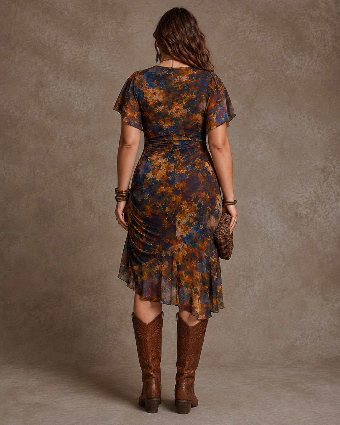 Livia | Bohemian Abstract V-hals Plissé Midi Jurk
