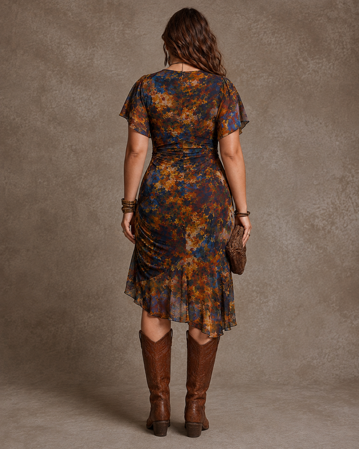 Livia | Bohemian Abstract V-hals Plissé Midi Jurk