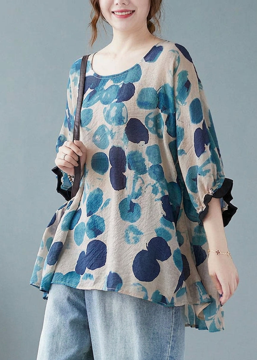 Linnea - Losse Blauwe Gepunte Batwing Mouw Katoen Linnen T-shirt