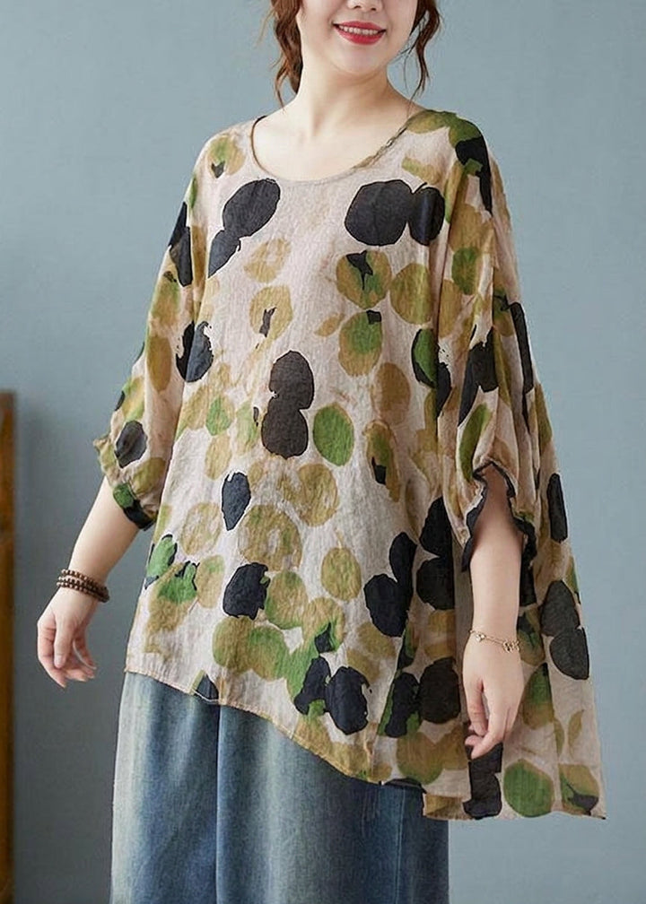 Linnea - Losse Blauwe Gepunte Batwing Mouw Katoen Linnen T-shirt