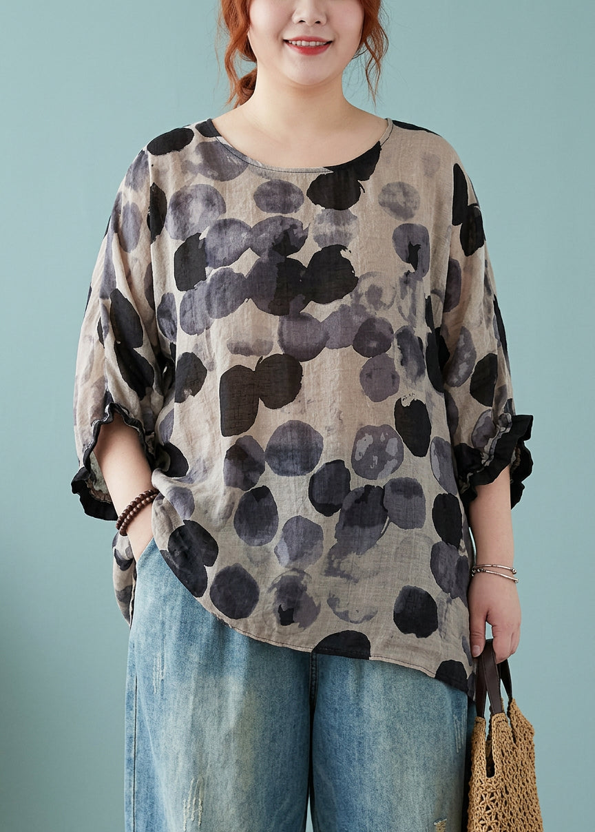 Linnea - Losse Blauwe Gepunte Batwing Mouw Katoen Linnen T-shirt