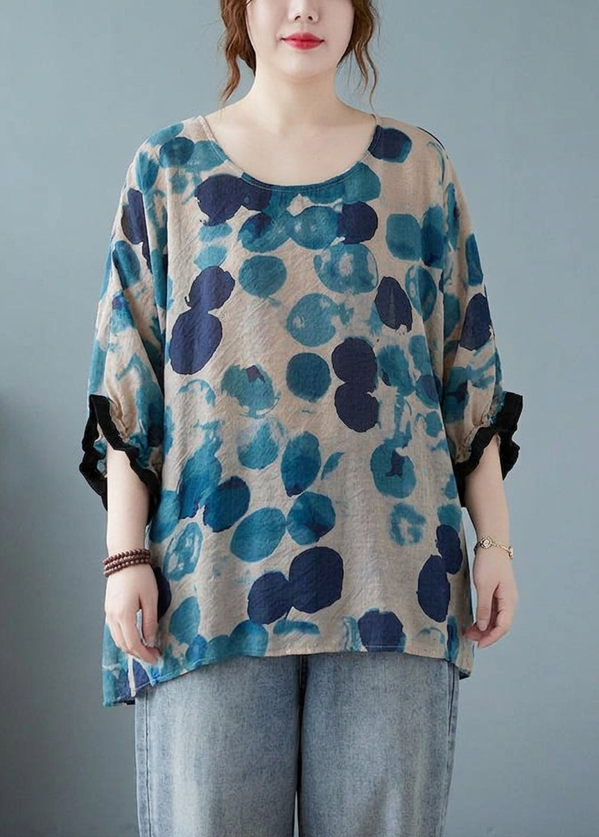 Linnea - Losse Blauwe Gepunte Batwing Mouw Katoen Linnen T-shirt