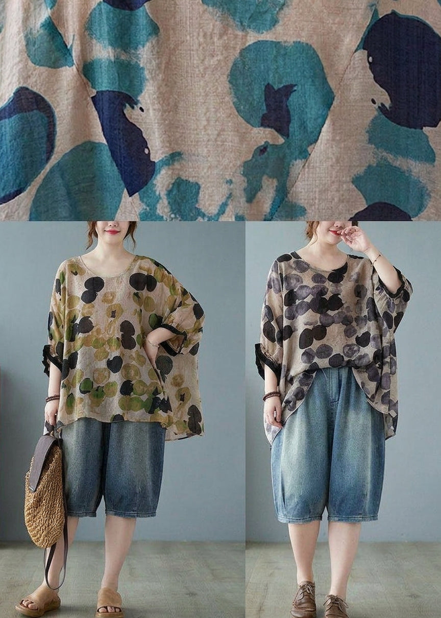 Linnea - Losse Blauwe Gepunte Batwing Mouw Katoen Linnen T-shirt
