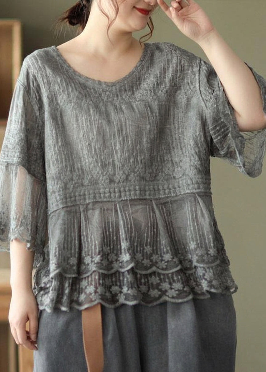 Oona - Geborduurde Patchwork Zomer Shirts Korte Mouwen
