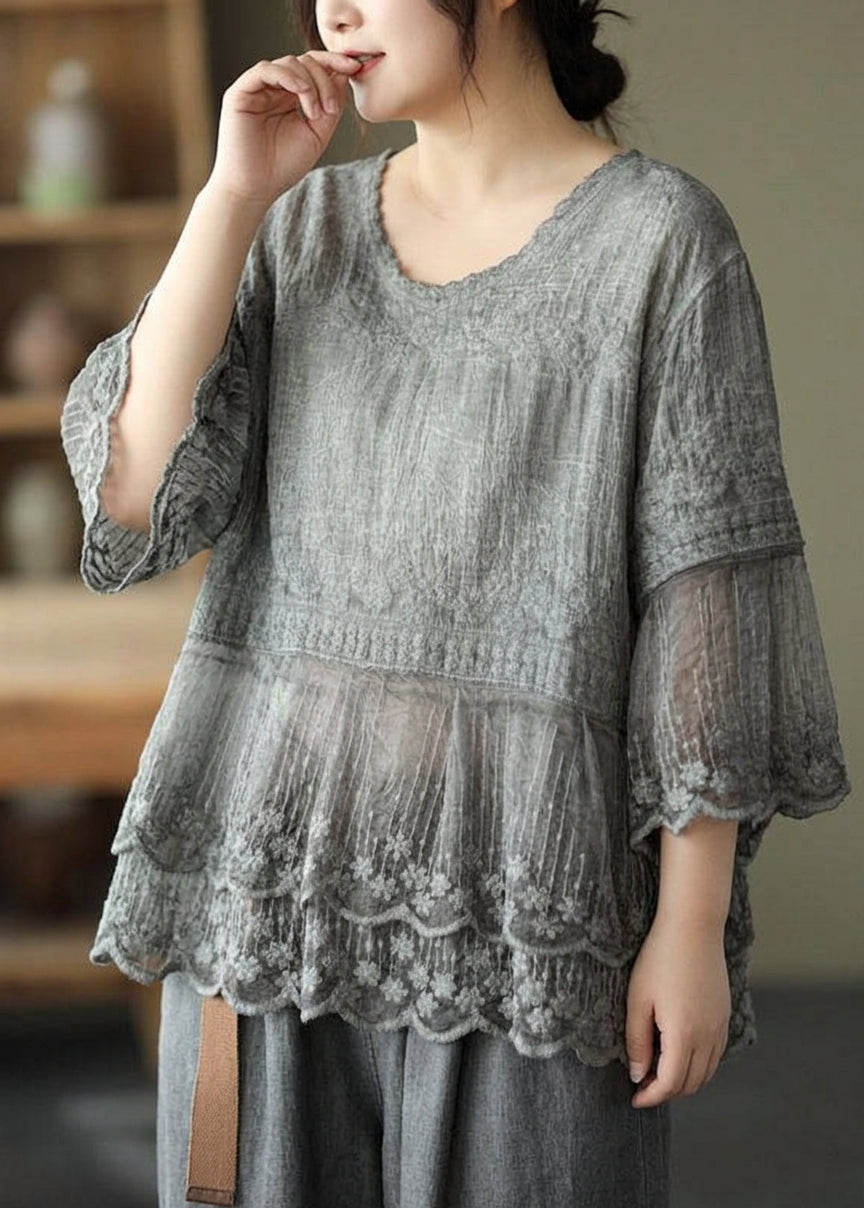 Oona - Geborduurde Patchwork Zomer Shirts Korte Mouwen