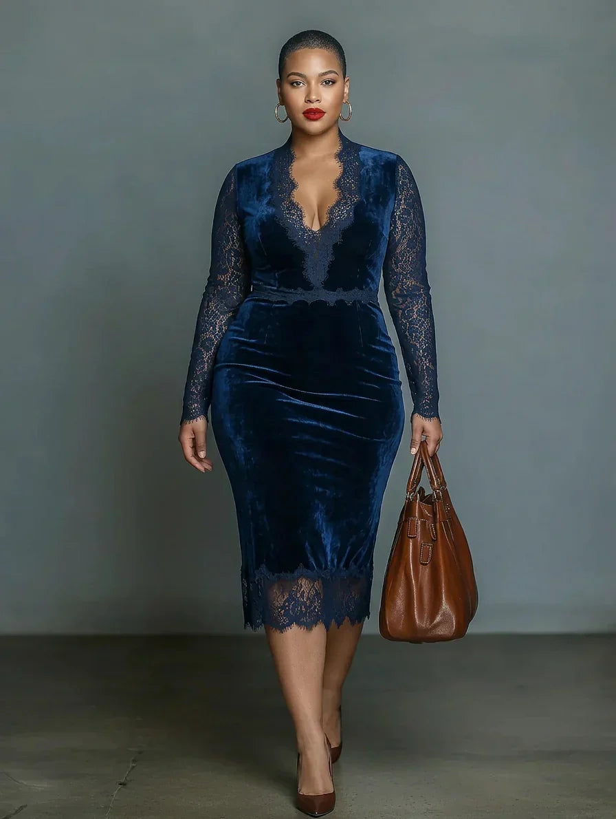 Elegante en Modieuze Donkerblauwe Fluwelen Midi Slim-fit V-hals Jurk voor Vrouwen met Kant Halslijn en Mouwen