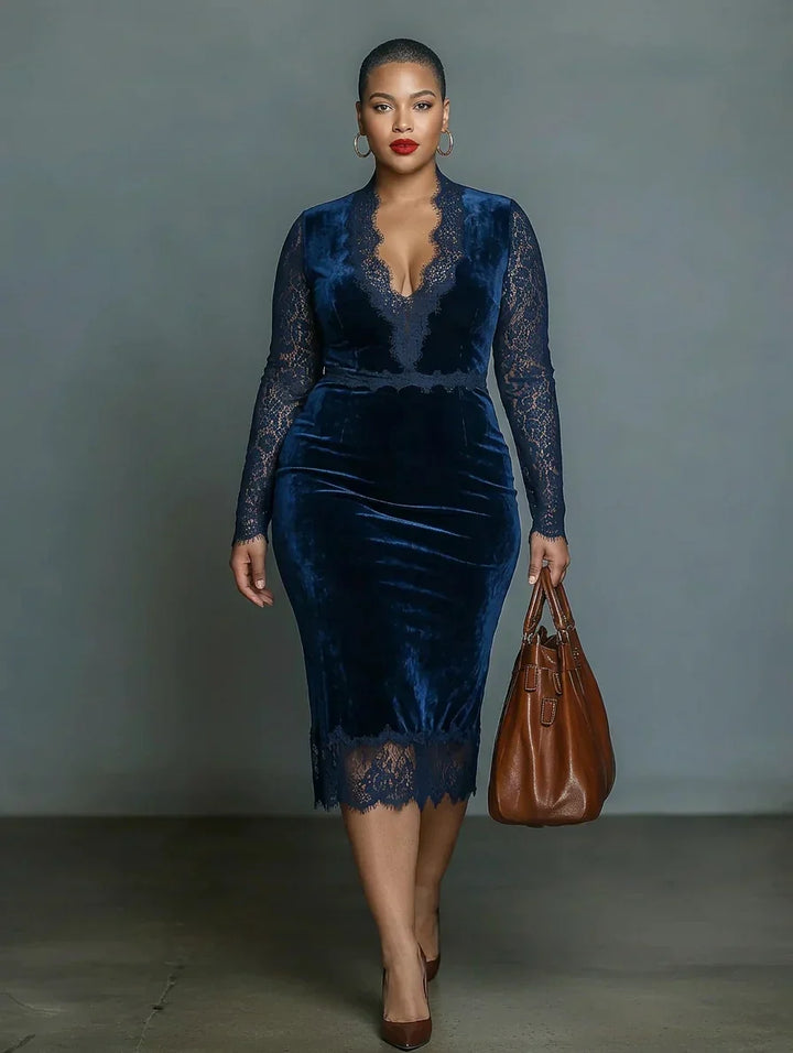 Elegante en Modieuze Donkerblauwe Fluwelen Midi Slim-fit V-hals Jurk voor Vrouwen met Kant Halslijn en Mouwen