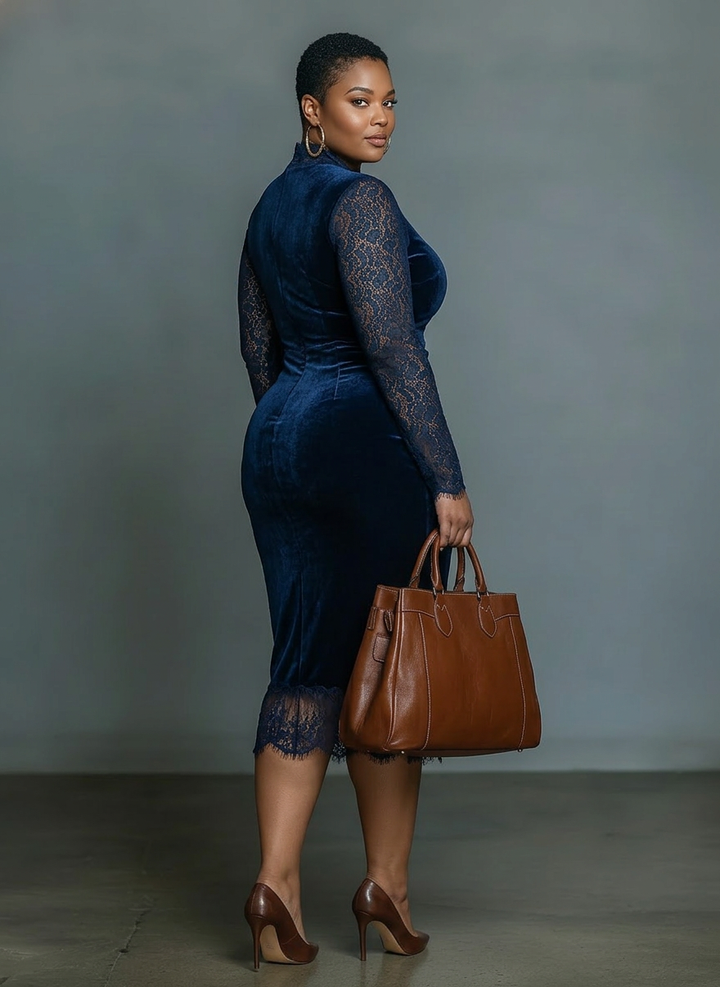 Elegante en Modieuze Donkerblauwe Fluwelen Midi Slim-fit V-hals Jurk voor Vrouwen met Kant Halslijn en Mouwen