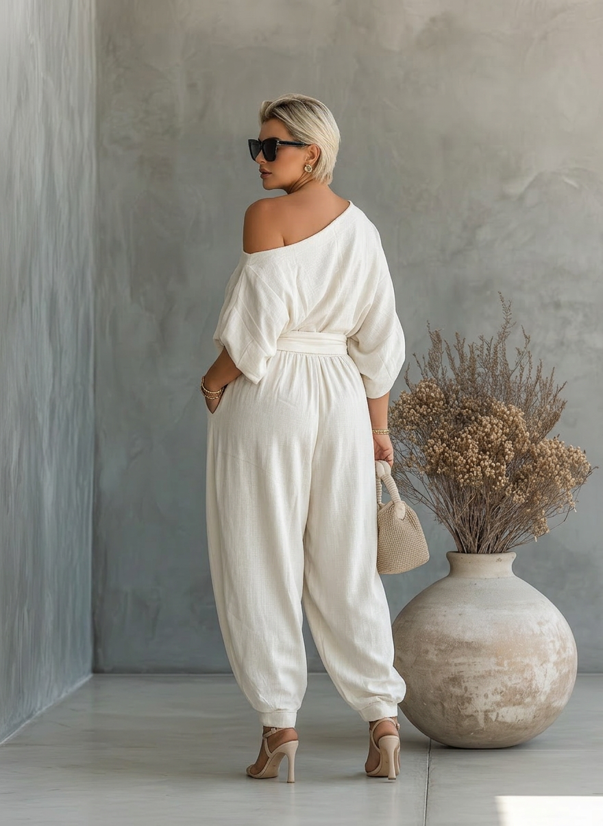 Dames Off-White Set met Off-Shoulder Top en Tapered Broek